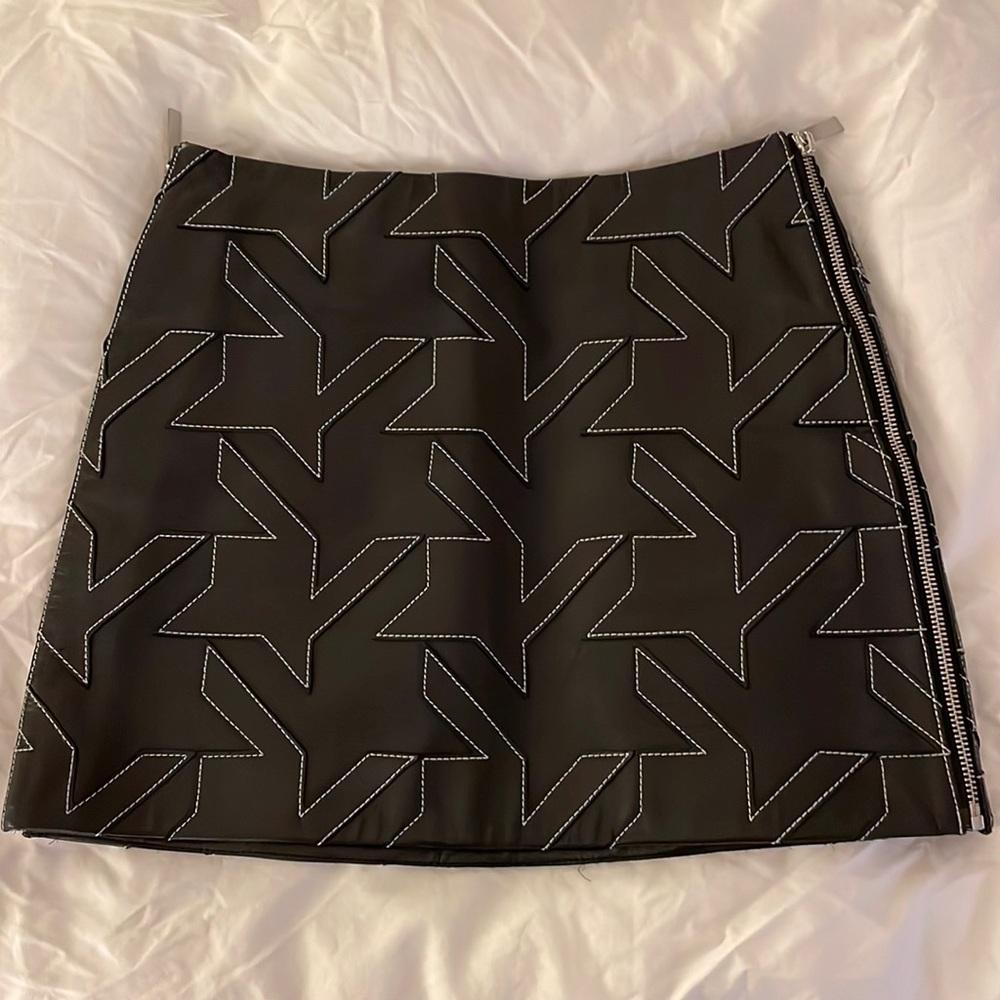 Black leather helmut lang skirt with white embroidered design size 0